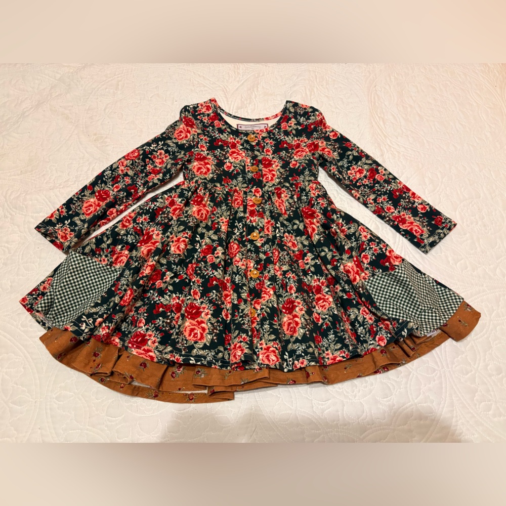 SweetHoney Floral Mixed Print Long Sleeve Dress with Gingham Pockets